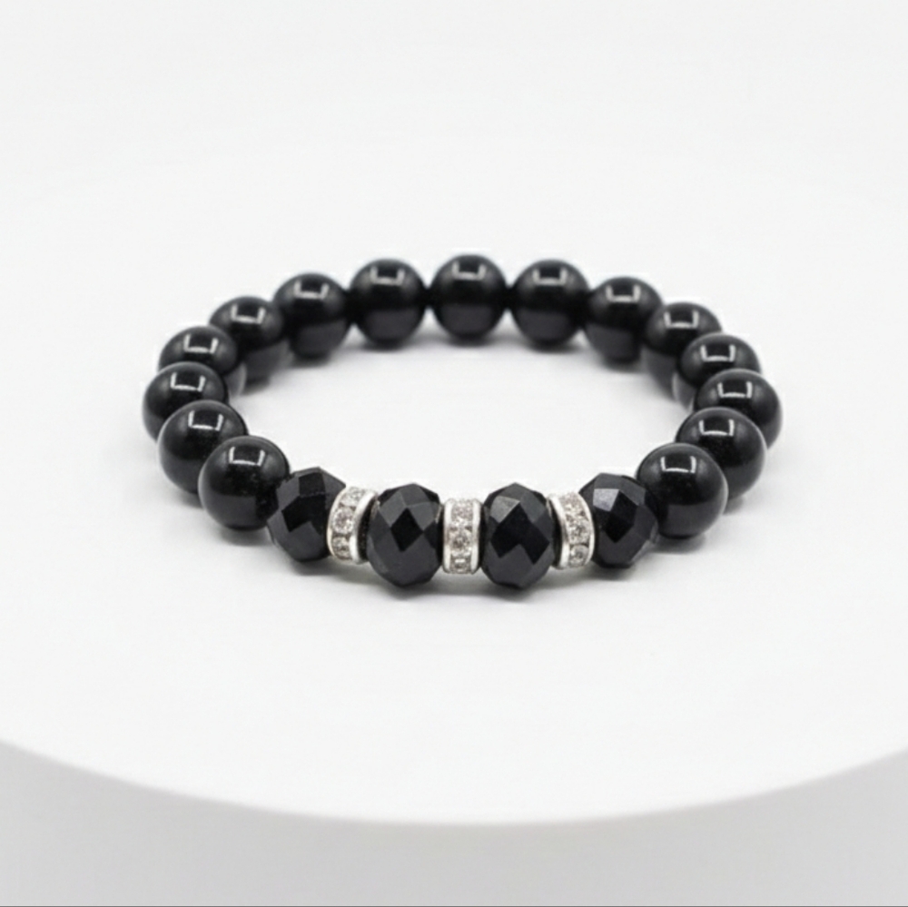Black Beaded Stretch Bracelet Faceted Silver Clear Rhinestone Evening Formal